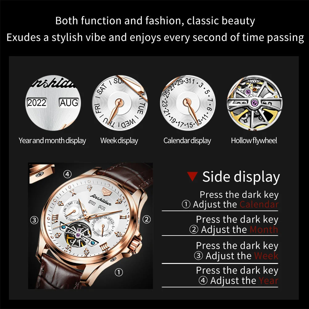 Luxury Men's Watches Automatic Mechanical Wrist Watch, Waterproof Leather Strap Luminous Business Dress