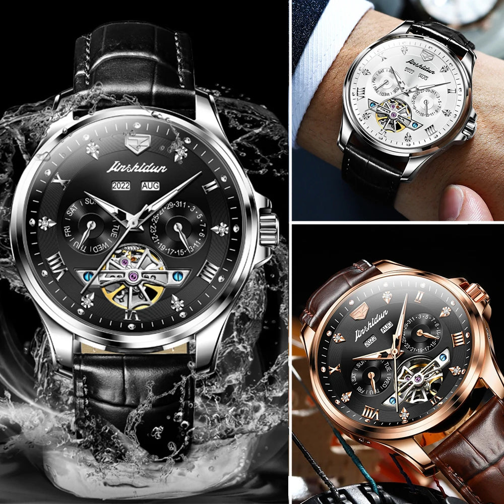 Luxury Men's Watches Automatic Mechanical Wrist Watch, Waterproof Leather Strap Luminous Business Dress