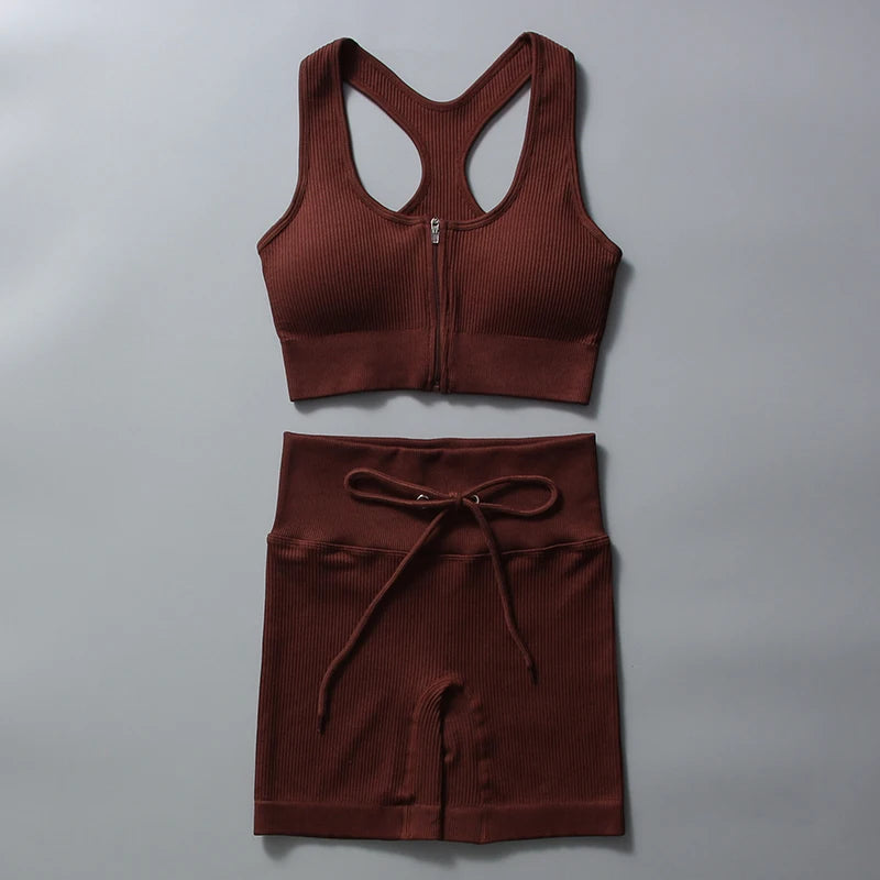Seamless Yoga Set for Women, Zipper Tank Top and Shorts Set