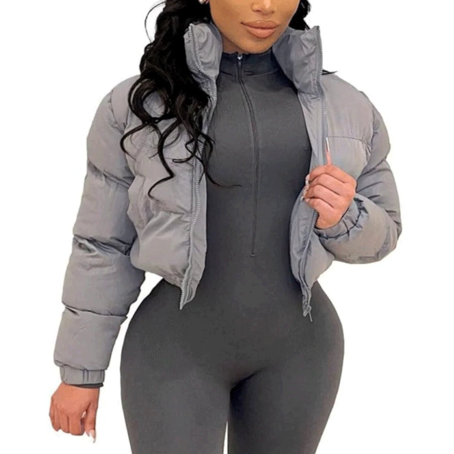 Women's Cropped Puffer Jacket, Zip Casual Cotton Coat