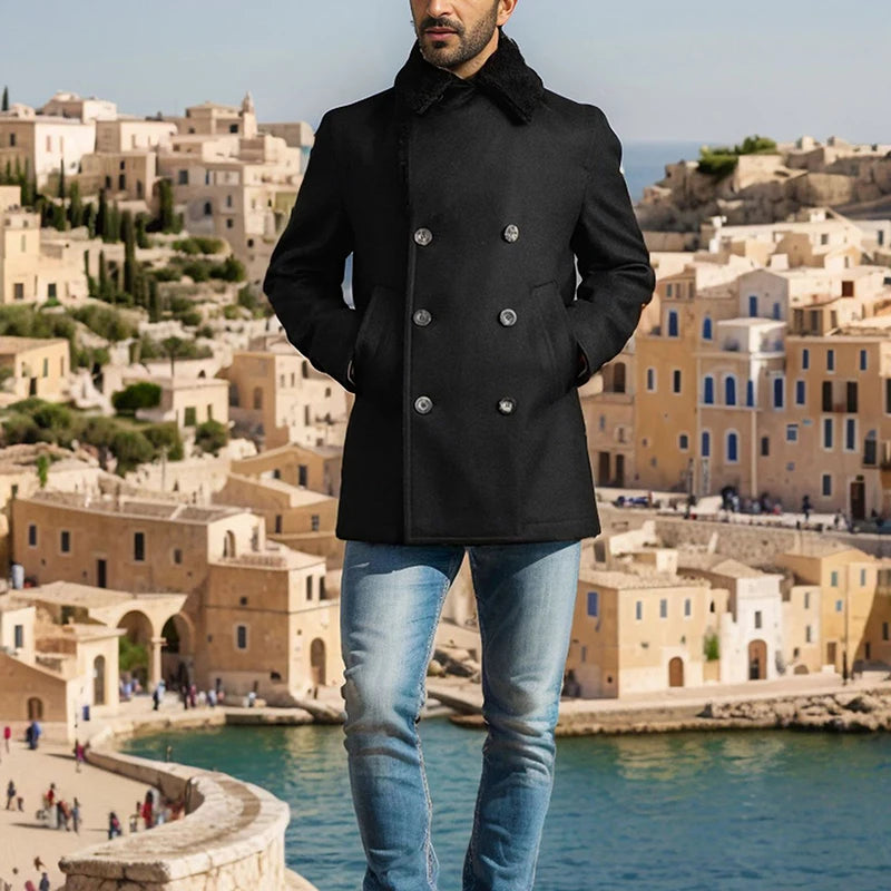 Stylish Men's Wool Pea Coat with Contrast Color Detail, Double Breasted Design and Warm Long Sleeves - Perfect Winter Cardigan