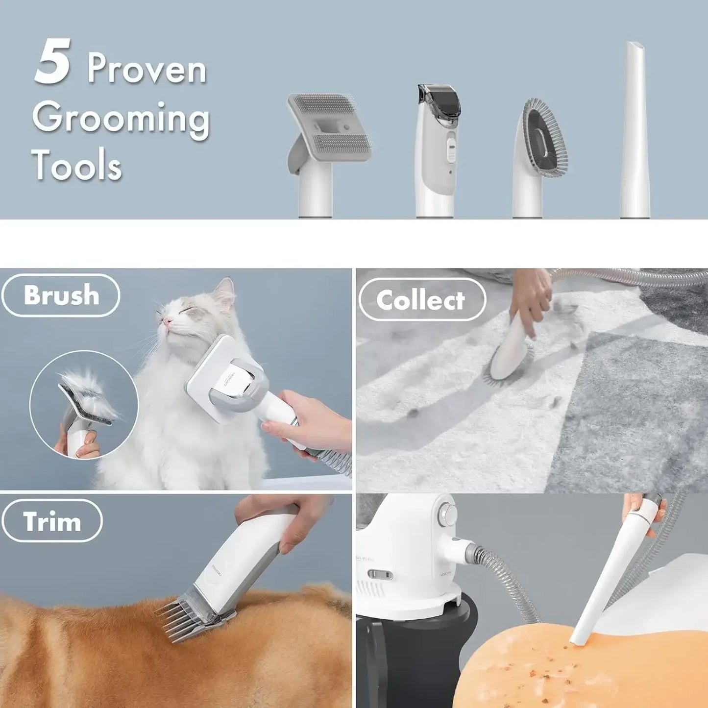 Pro Dog Grooming Kit, Dog Clippers Vacuum Suction 99% Hair, with 5 Proven Tools, 2L Large-Capacity