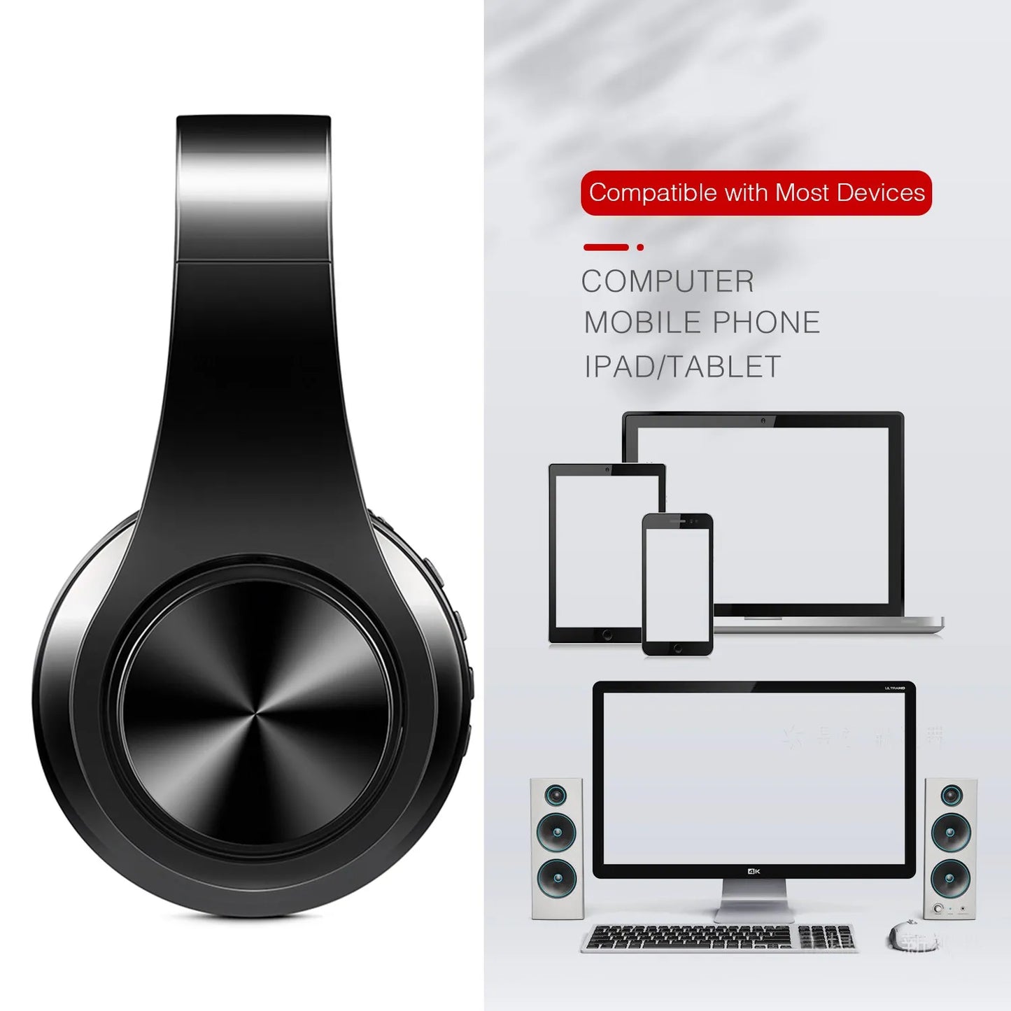 Wireless Bluetooth Headphones Stereo Headset, Overhead Earphone with Mic