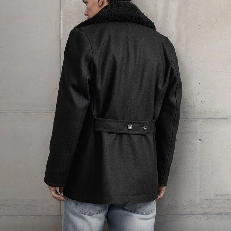 Stylish Men's Wool Pea Coat with Contrast Color Detail, Double Breasted Design and Warm Long Sleeves - Perfect Winter Cardigan
