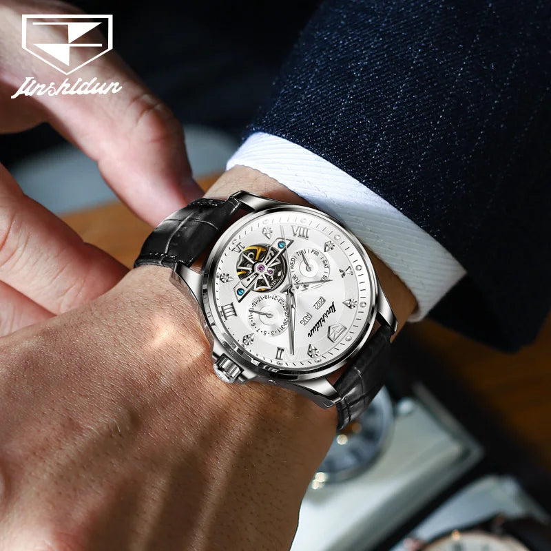Luxury Men's Watches Automatic Mechanical Wrist Watch, Waterproof Leather Strap Luminous Business Dress