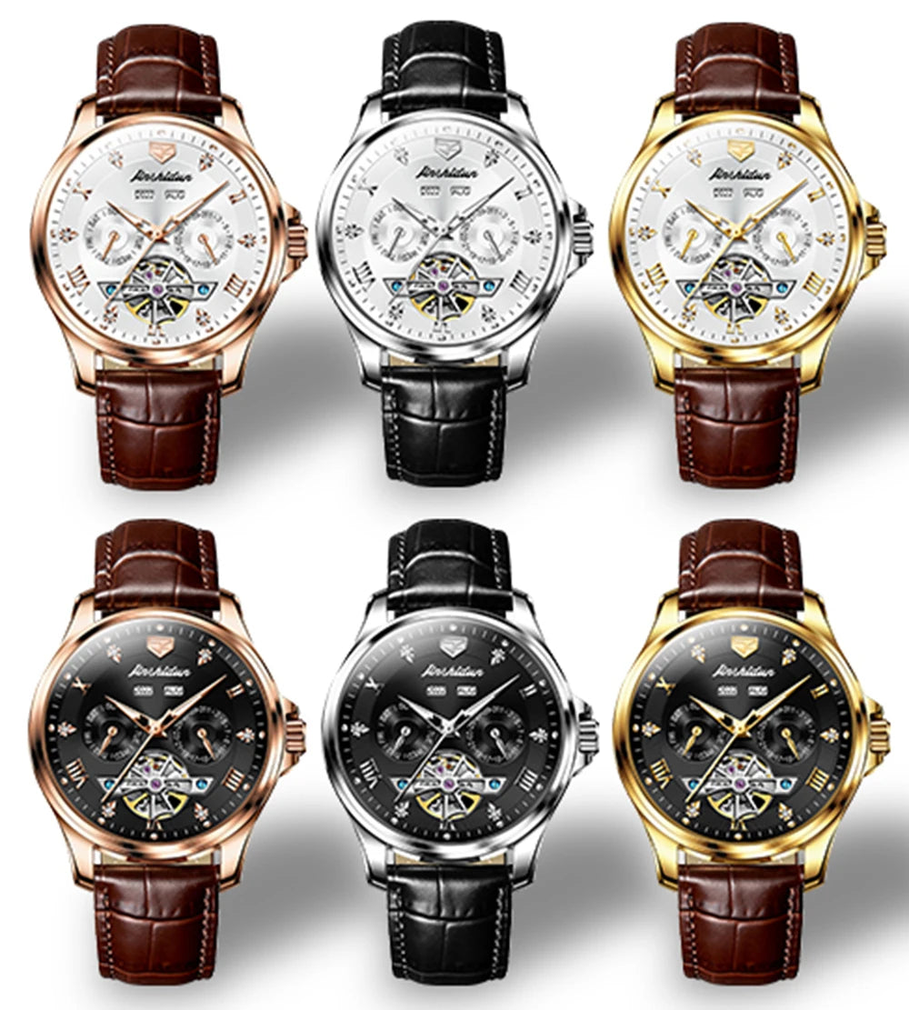 Luxury Men's Watches Automatic Mechanical Wrist Watch, Waterproof Leather Strap Luminous Business Dress