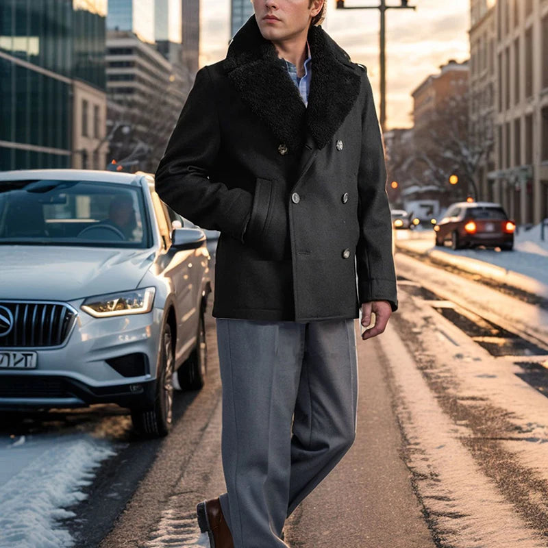 Stylish Men's Wool Pea Coat with Contrast Color Detail, Double Breasted Design and Warm Long Sleeves - Perfect Winter Cardigan