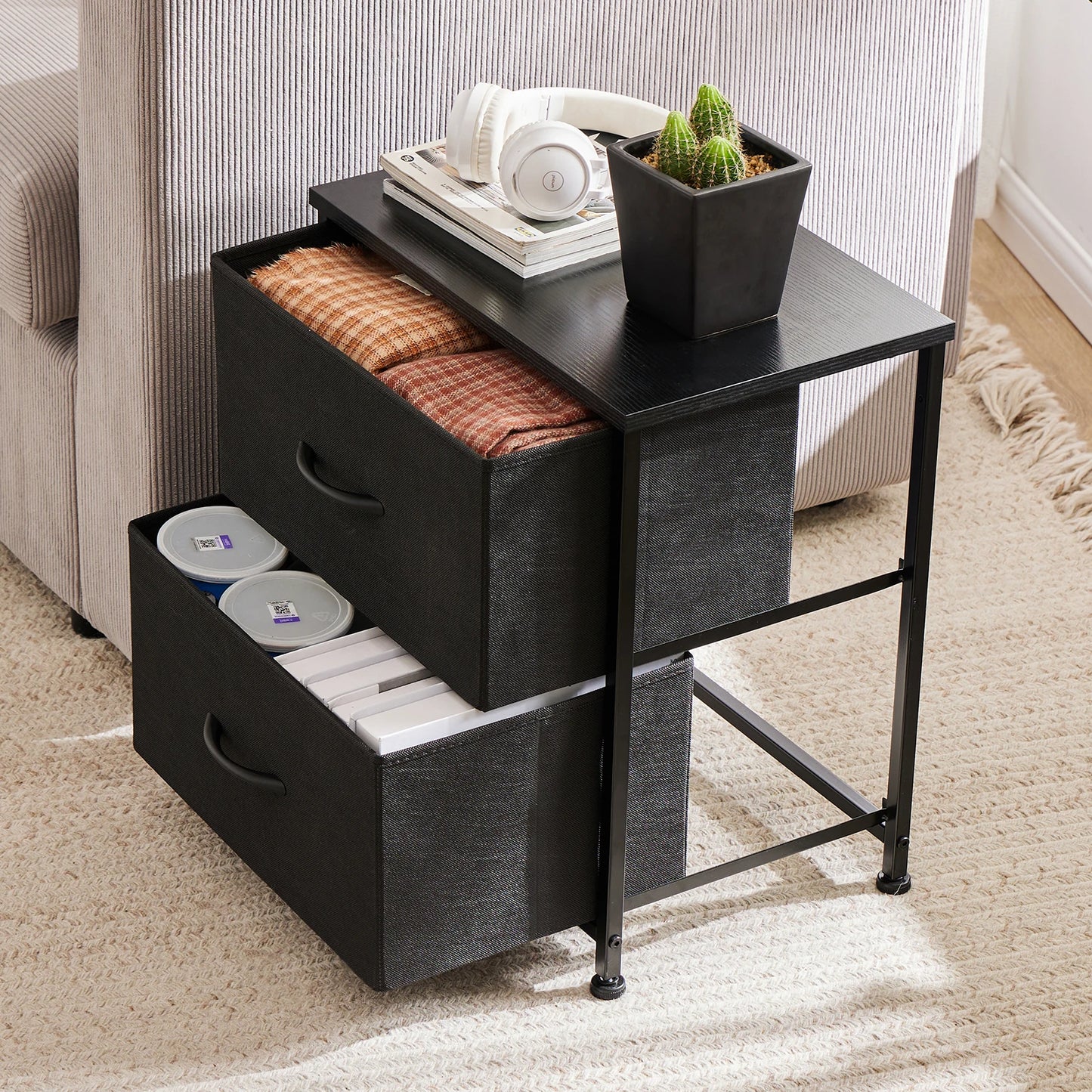 JHK Nightstand For Bedroom With 2 Fabric Drawers, Bedside, Sofa Table With Storage