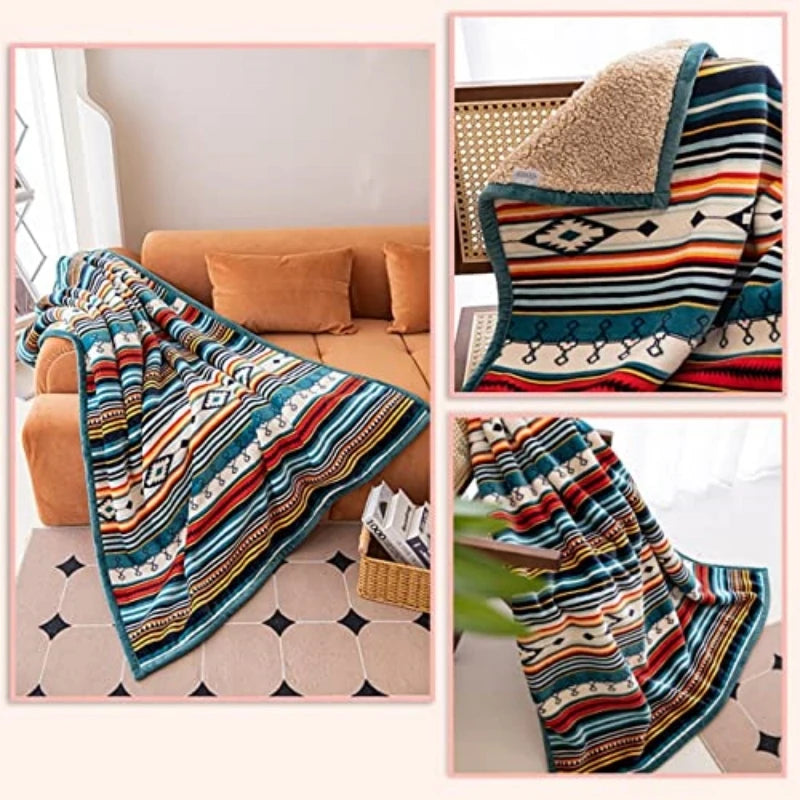 Lightweight Boho Sherpa Throw 50'' X 60'' Blanket - Bohemian Soft Plush Flannel Throw