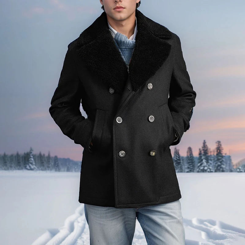 Stylish Men's Wool Pea Coat with Contrast Color Detail, Double Breasted Design and Warm Long Sleeves - Perfect Winter Cardigan