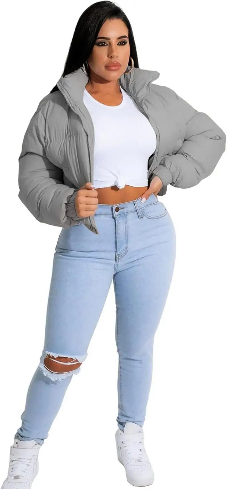 Women's Cropped Puffer Jacket, Zip Casual Cotton Coat