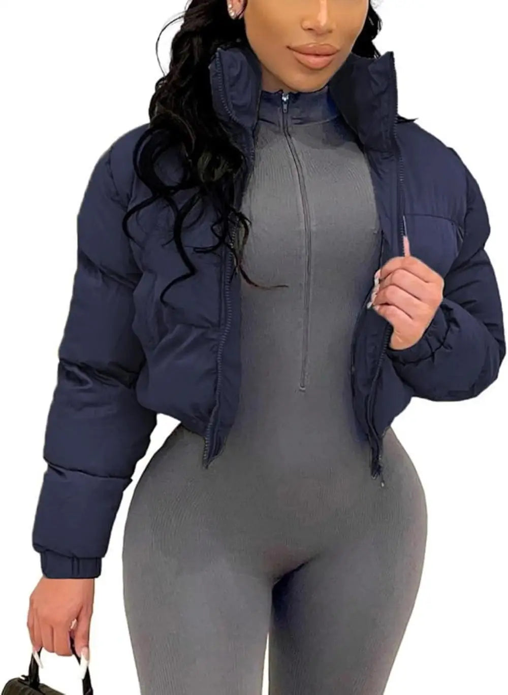 Women's Cropped Puffer Jacket, Zip Casual Cotton Coat