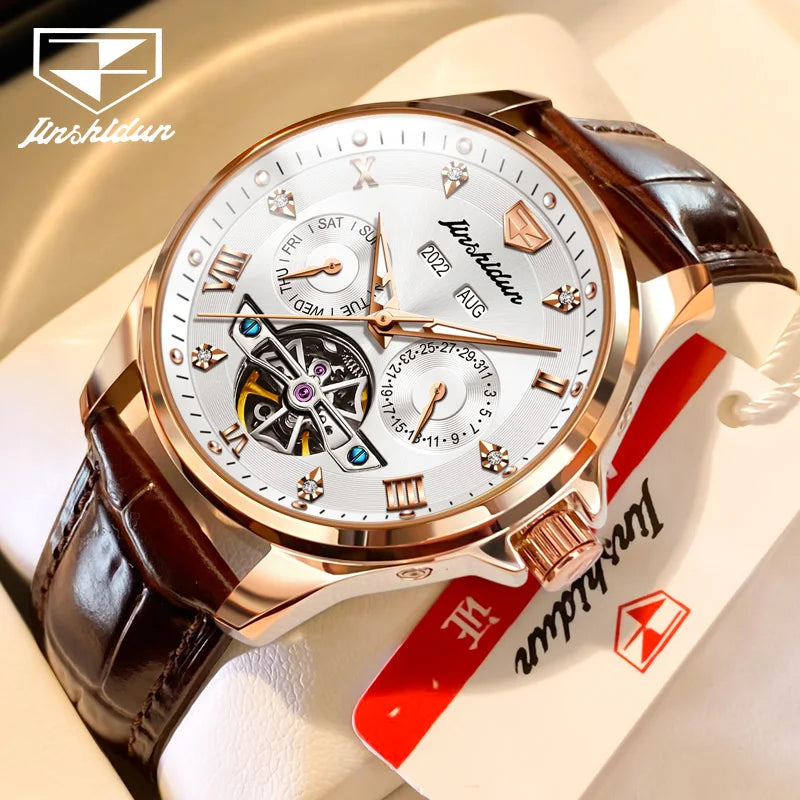 Luxury Men's Watches Automatic Mechanical Wrist Watch, Waterproof Leather Strap Luminous Business Dress