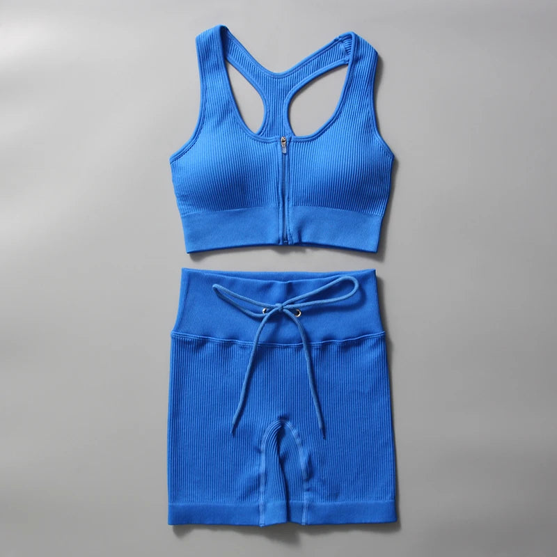 Seamless Yoga Set for Women, Zipper Tank Top and Shorts Set