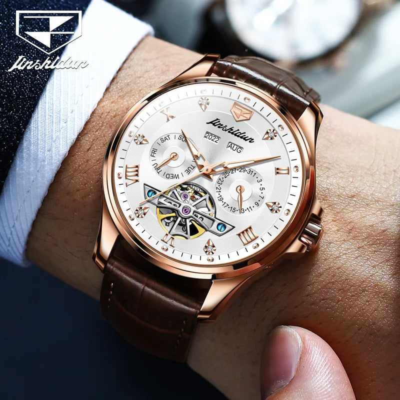 Luxury Men's Watches Automatic Mechanical Wrist Watch, Waterproof Leather Strap Luminous Business Dress