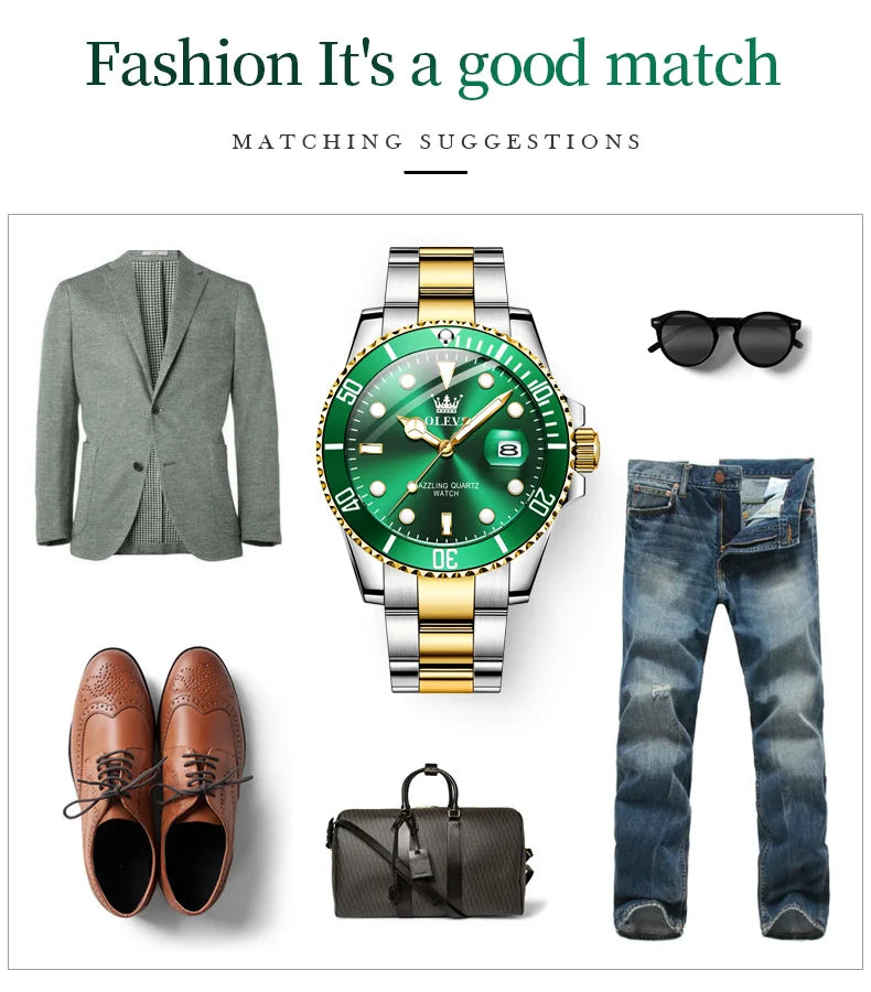 Quartz Watch for Men Diver Green Waterproof