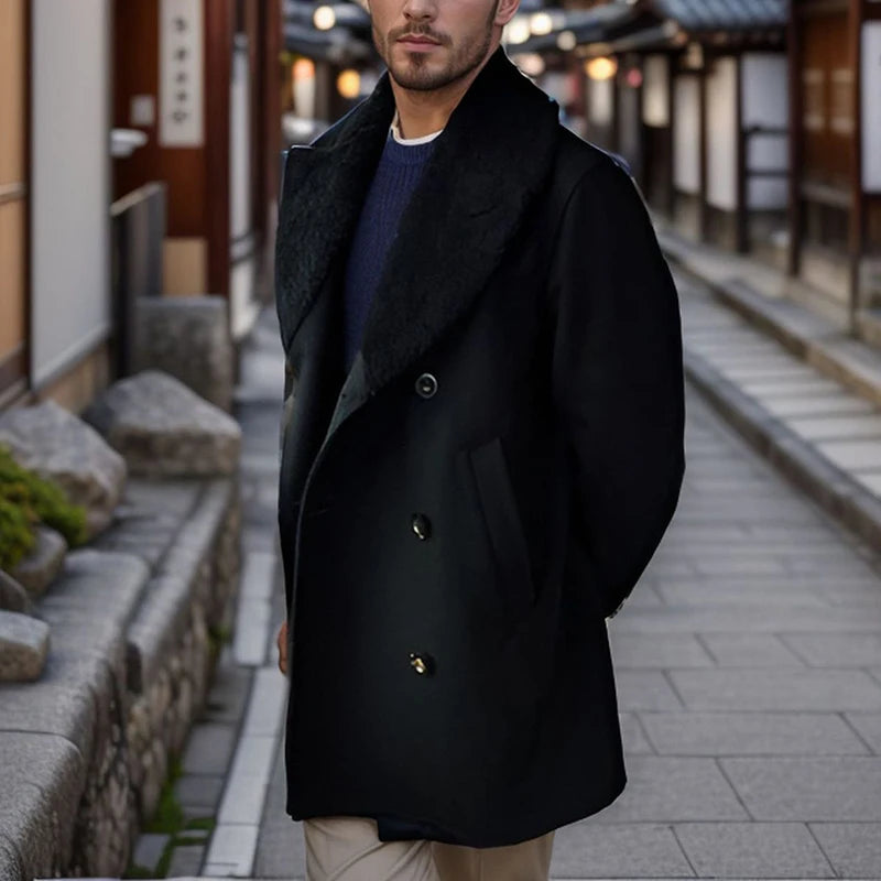 Stylish Men's Wool Pea Coat with Contrast Color Detail, Double Breasted Design and Warm Long Sleeves - Perfect Winter Cardigan