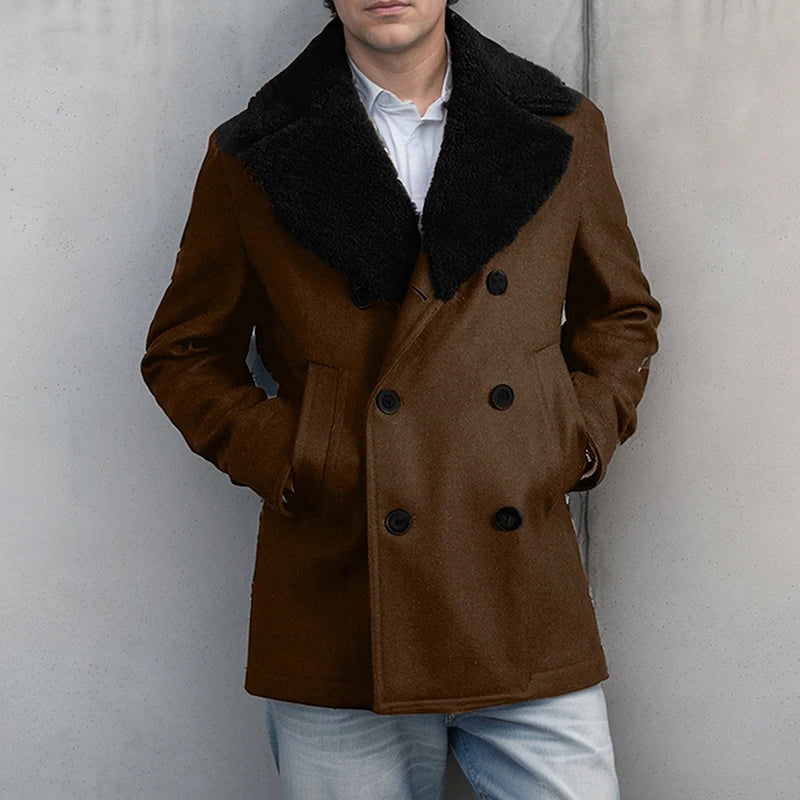 Stylish Men's Wool Pea Coat with Contrast Color Detail, Double Breasted Design and Warm Long Sleeves - Perfect Winter Cardigan