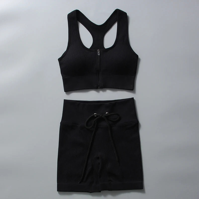Seamless Yoga Set for Women, Zipper Tank Top and Shorts Set