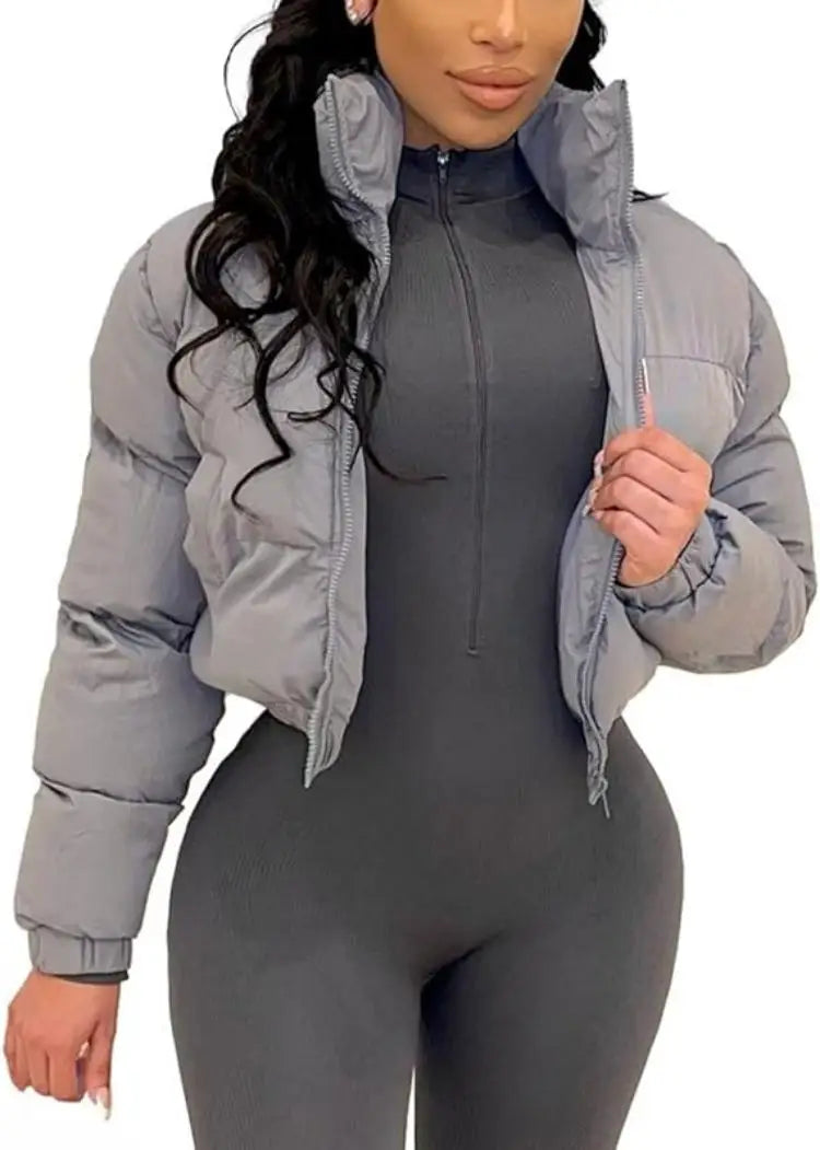 Women's Cropped Puffer Jacket, Zip Casual Cotton Coat
