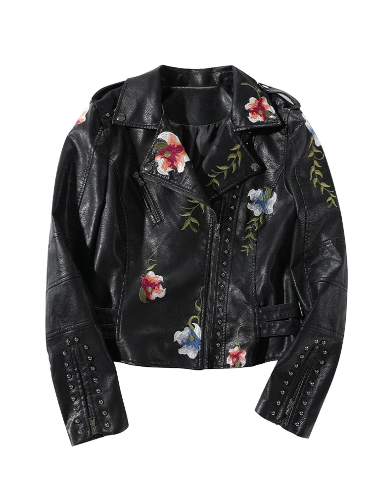 Women Biker Leather Jacket, Floral Print Embroidery Pu Leather Jacket Turn-down Collar Zipper Jacket