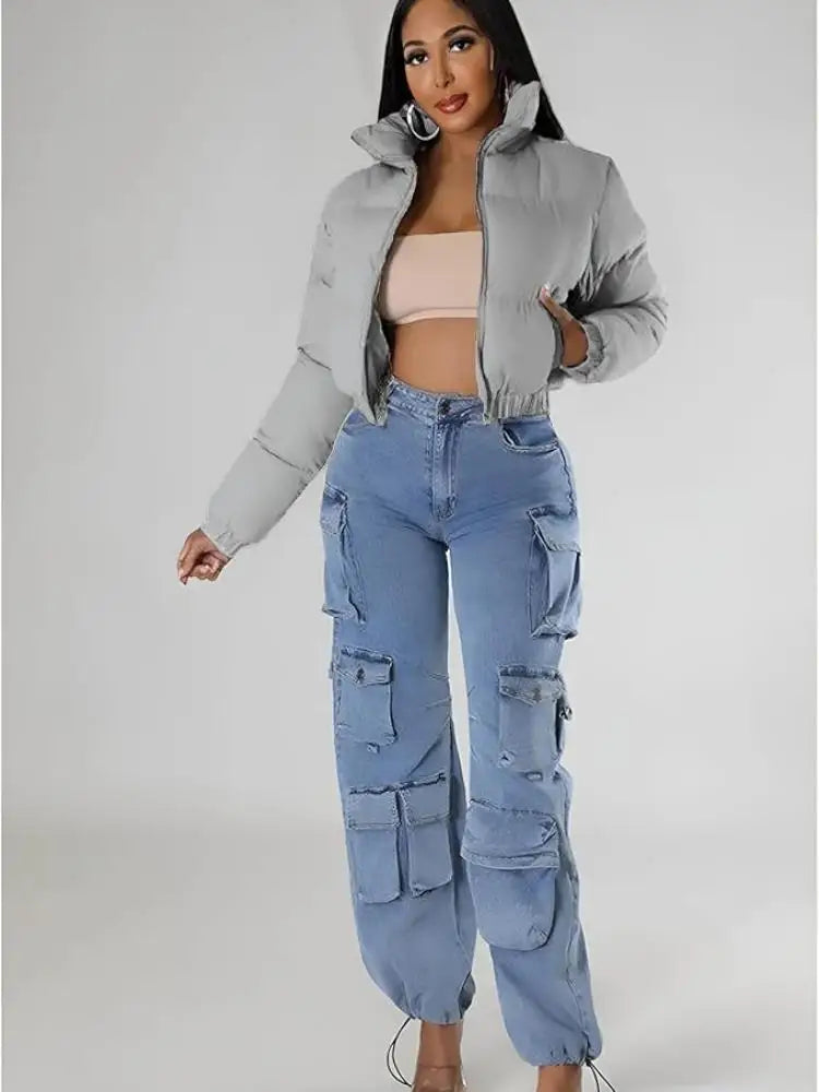 Women's Cropped Puffer Jacket, Zip Casual Cotton Coat