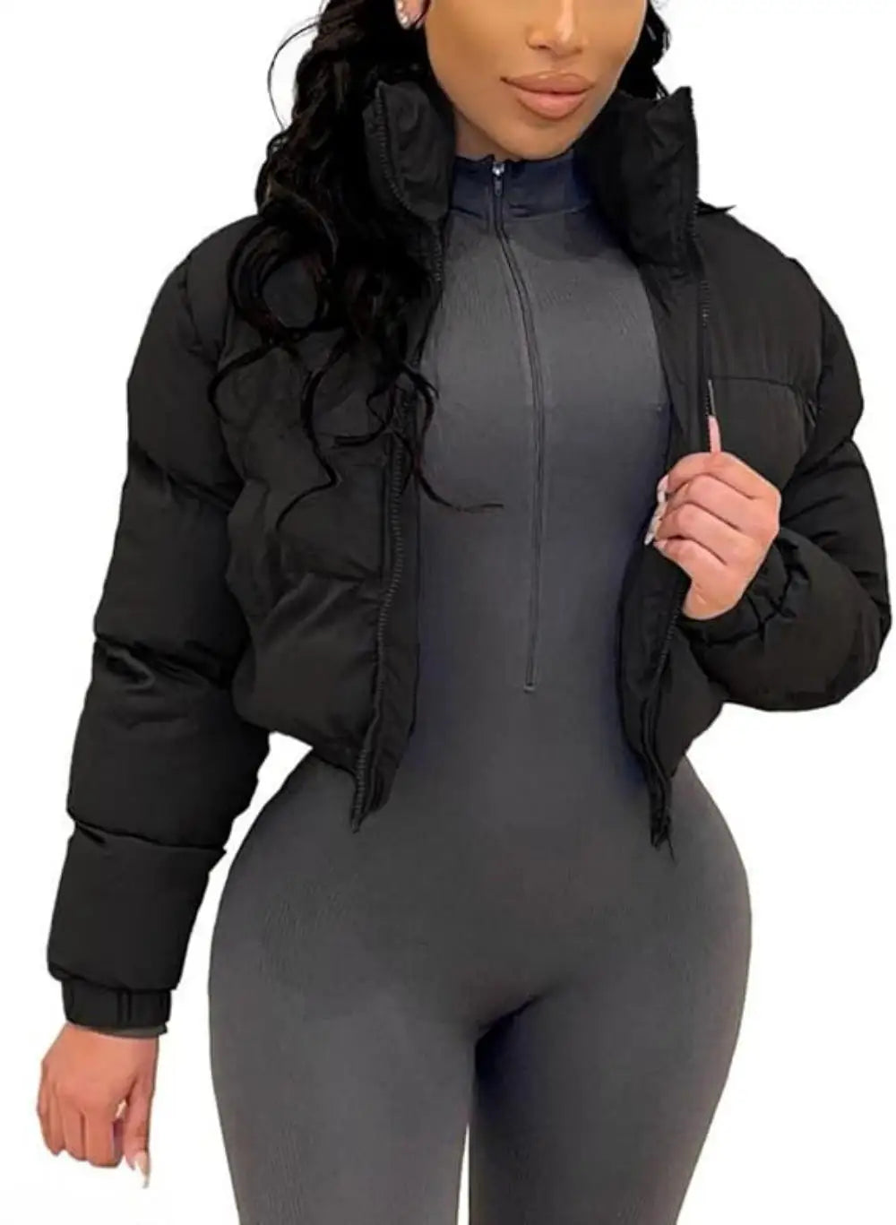 Women's Cropped Puffer Jacket, Zip Casual Cotton Coat