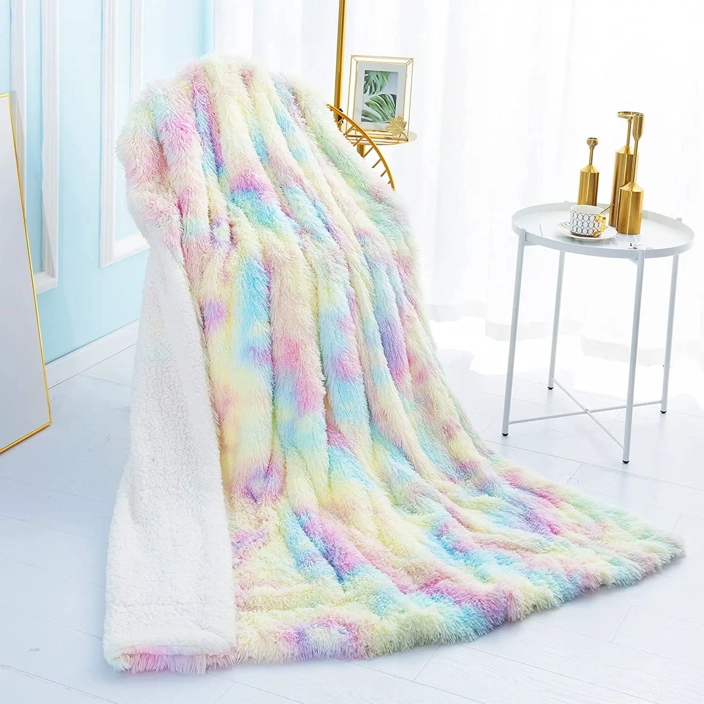 Soft Fuzzy Rainbow Throw Blanket