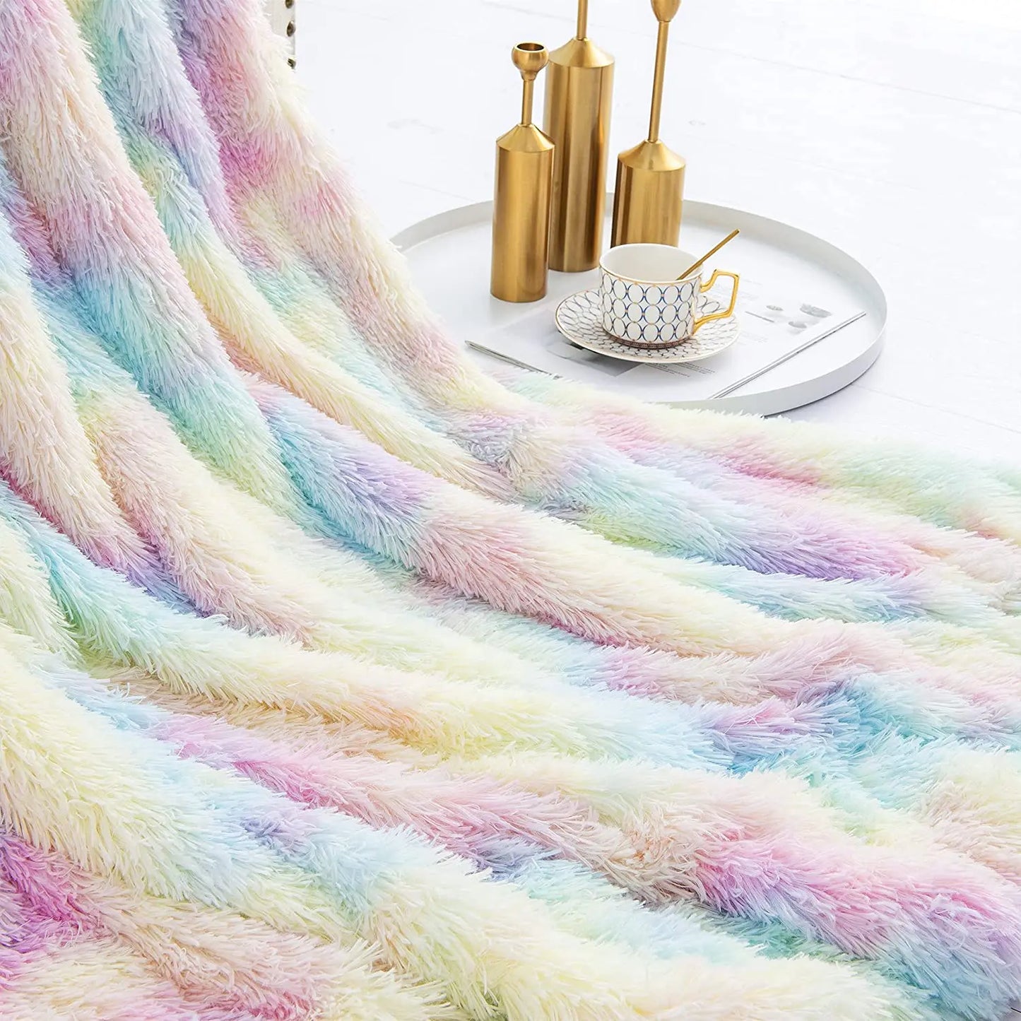 Soft Fuzzy Rainbow Throw Blanket