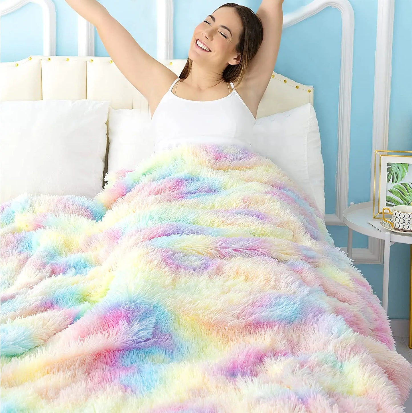 Soft Fuzzy Rainbow Throw Blanket