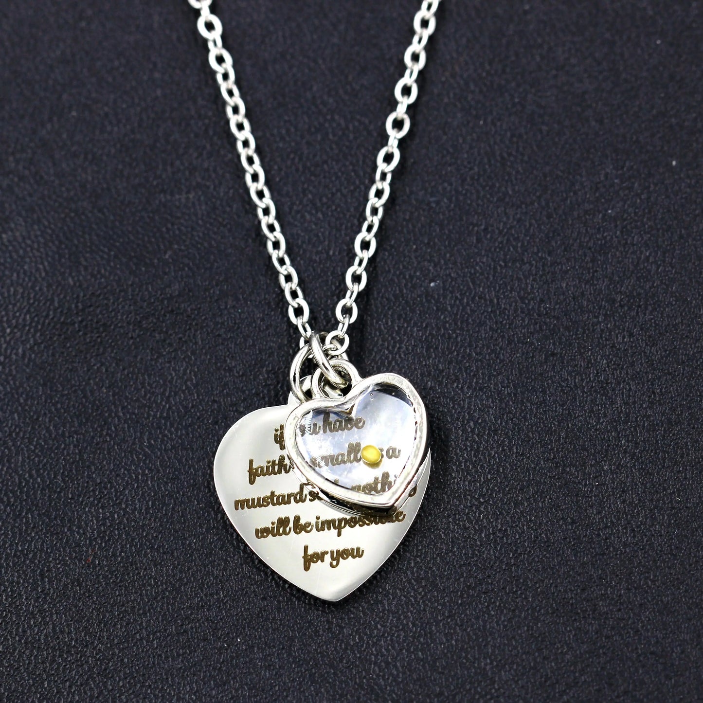 Mustard Seed Heart Shaped Faith Necklace, Stainless Steel