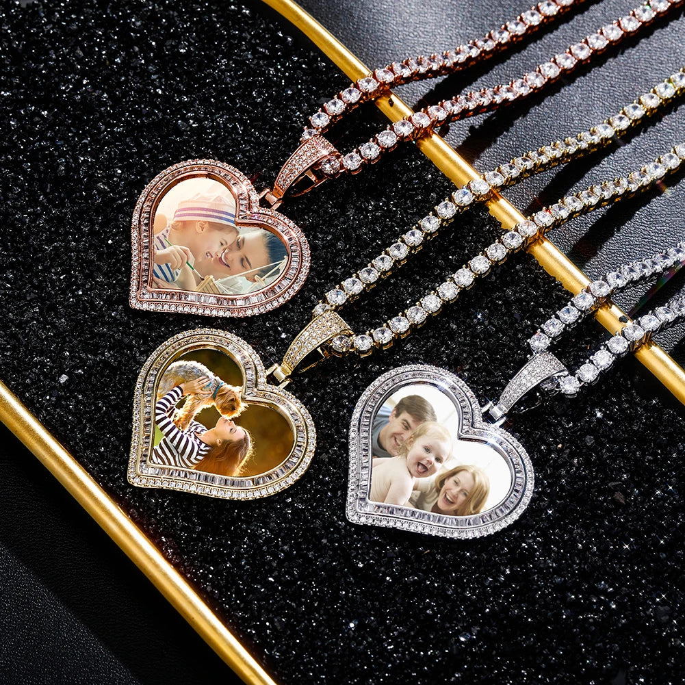 Custom Photo Heart-shaped Medal Pendant Necklace Iced Cubic Zirconia