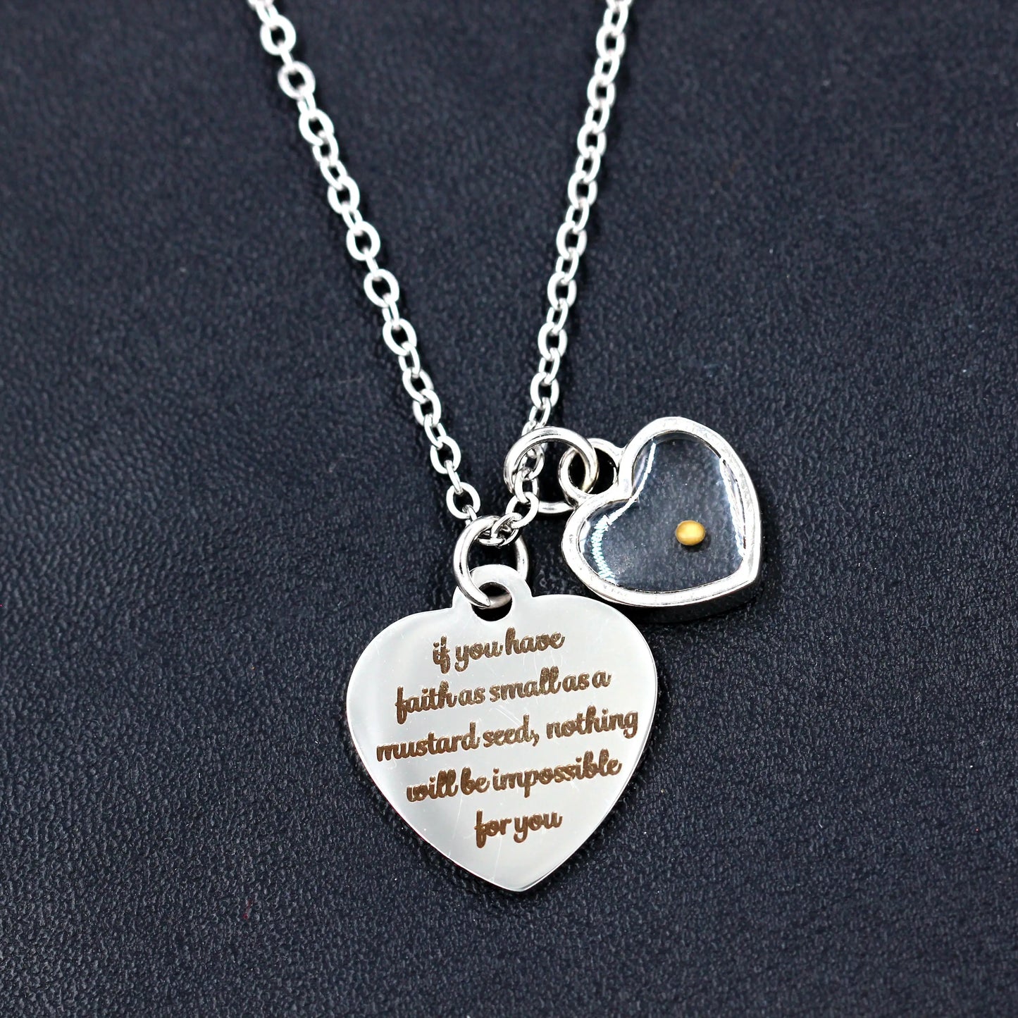 Mustard Seed Heart Shaped Faith Necklace, Stainless Steel