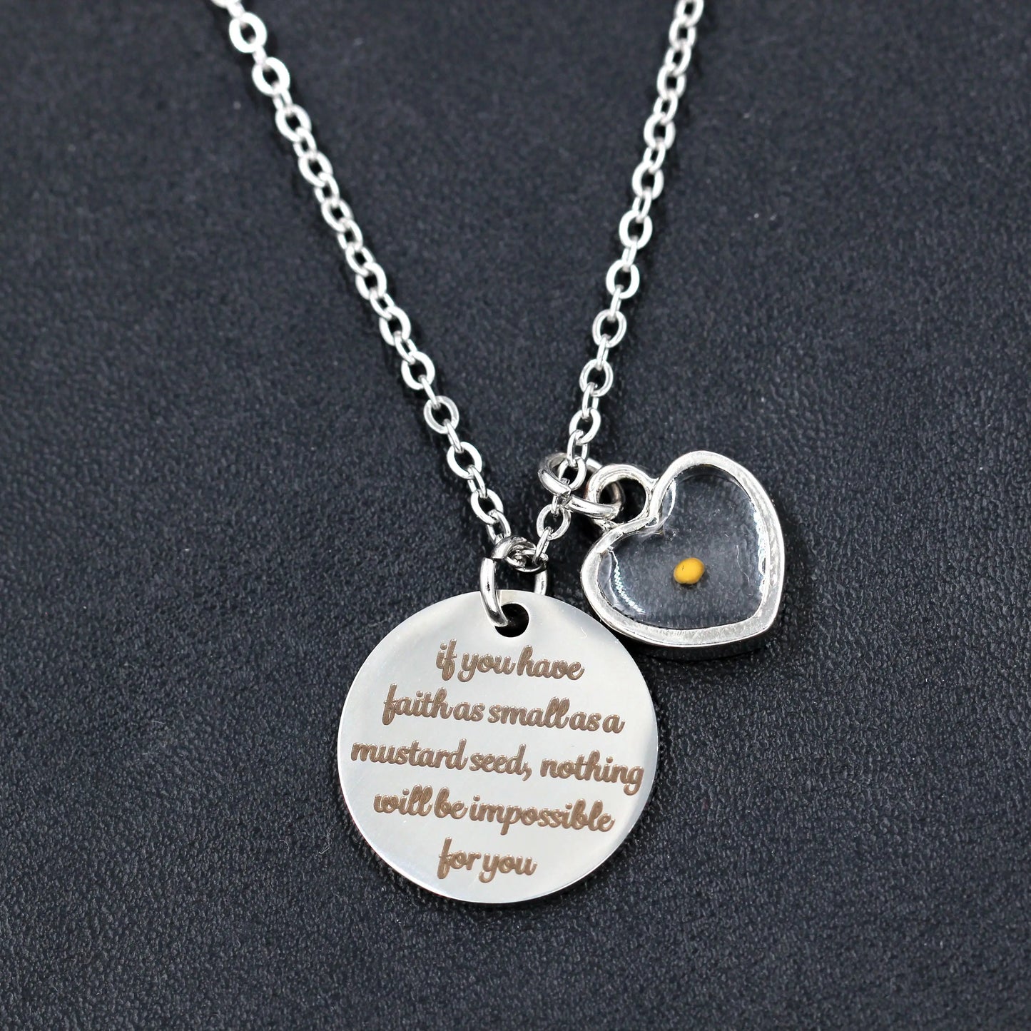 Mustard Seed Heart Shaped Faith Necklace, Stainless Steel