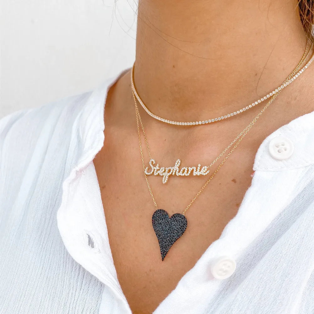 Custom Name Necklace, Pave Outline, Script Letter