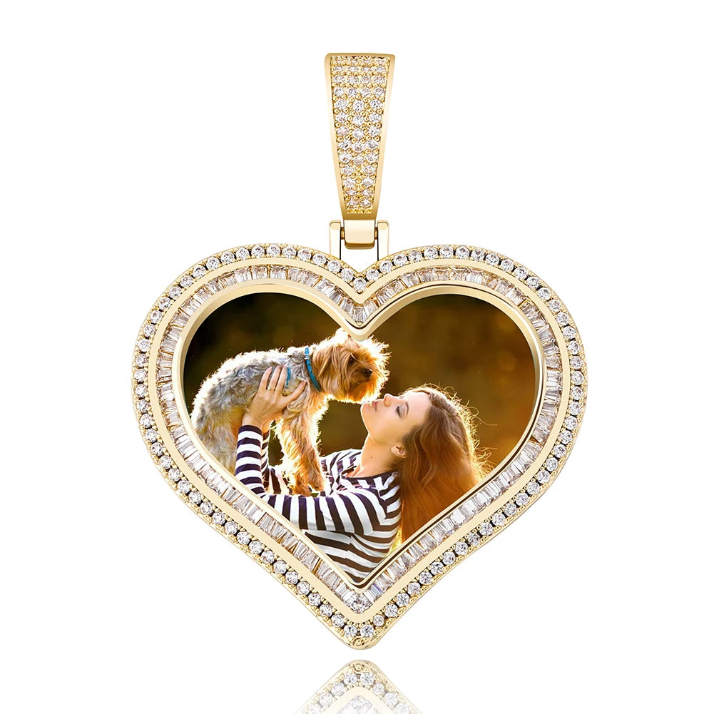 Custom Photo Heart-shaped Medal Pendant Necklace Iced Cubic Zirconia