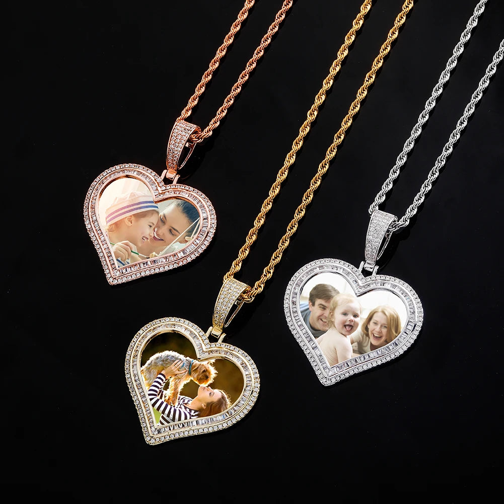 Custom Photo Heart-shaped Medal Pendant Necklace Iced Cubic Zirconia