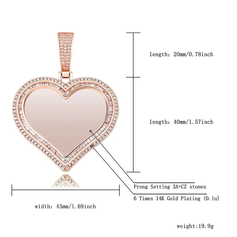 Custom Photo Heart-shaped Medal Pendant Necklace Iced Cubic Zirconia