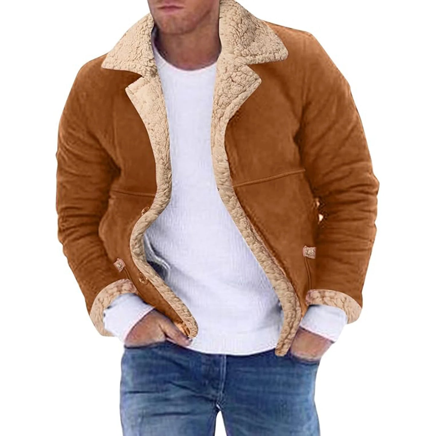 Men s Winter Fleece Coats with Turn Down Collar and Button Down Closure Thick and Warm Stylish Jackets for Cold Weather