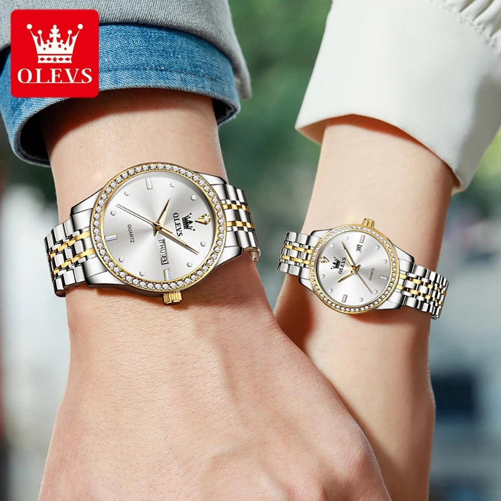 OLEVS Couple Watch, Luxury Waterproof Stainless Steel Watch. Elegant Dress His or Her Diamond Quartz Couple Watch