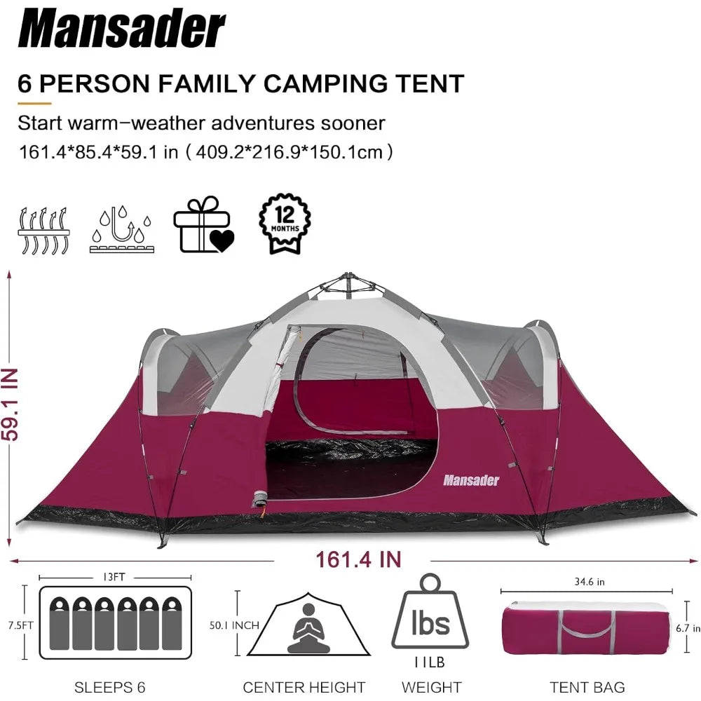 6 Person Family Camping Tent, Waterproof Windproof with Top Rainfly, Easy Set Up