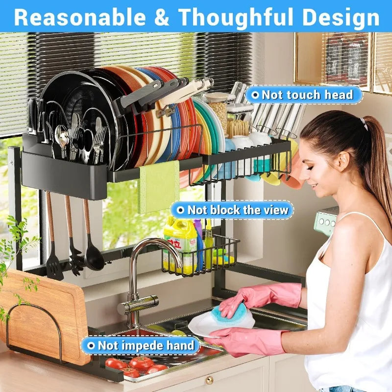 Over The Sink Dish Drying Rack (Adjustable Height/Length) Snap-On Design 2 Tier