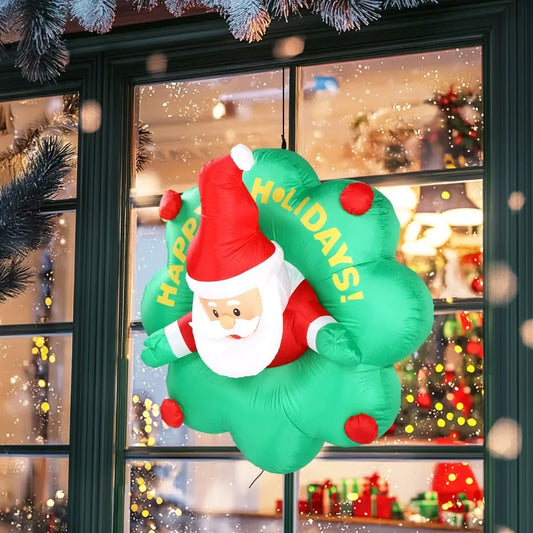 4 FT Lighted Christmas Inflatable Santa with Wreath Broke Out from Window