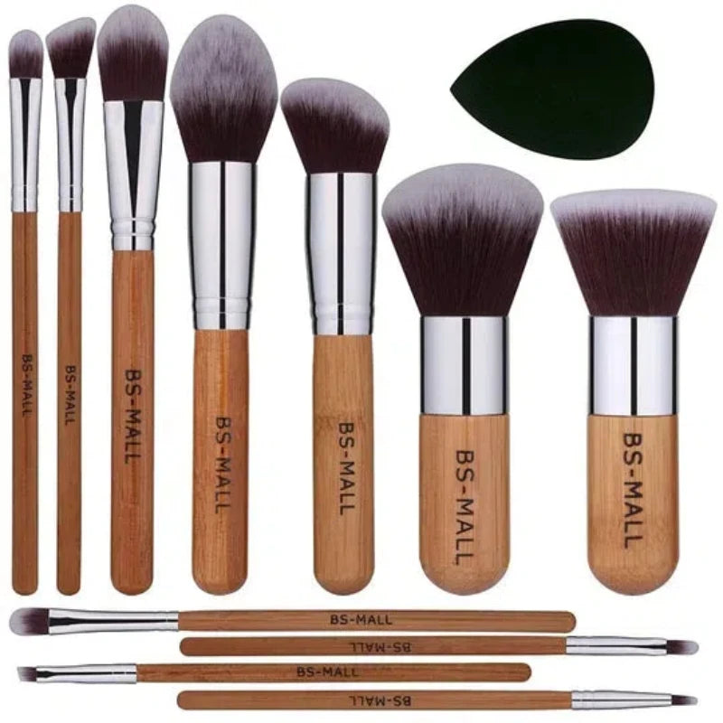 11Pcs Bamboo Makeup Brush Set, Synthetic Kabuki Brush Set With Organizer Bag & Makeup Sponge