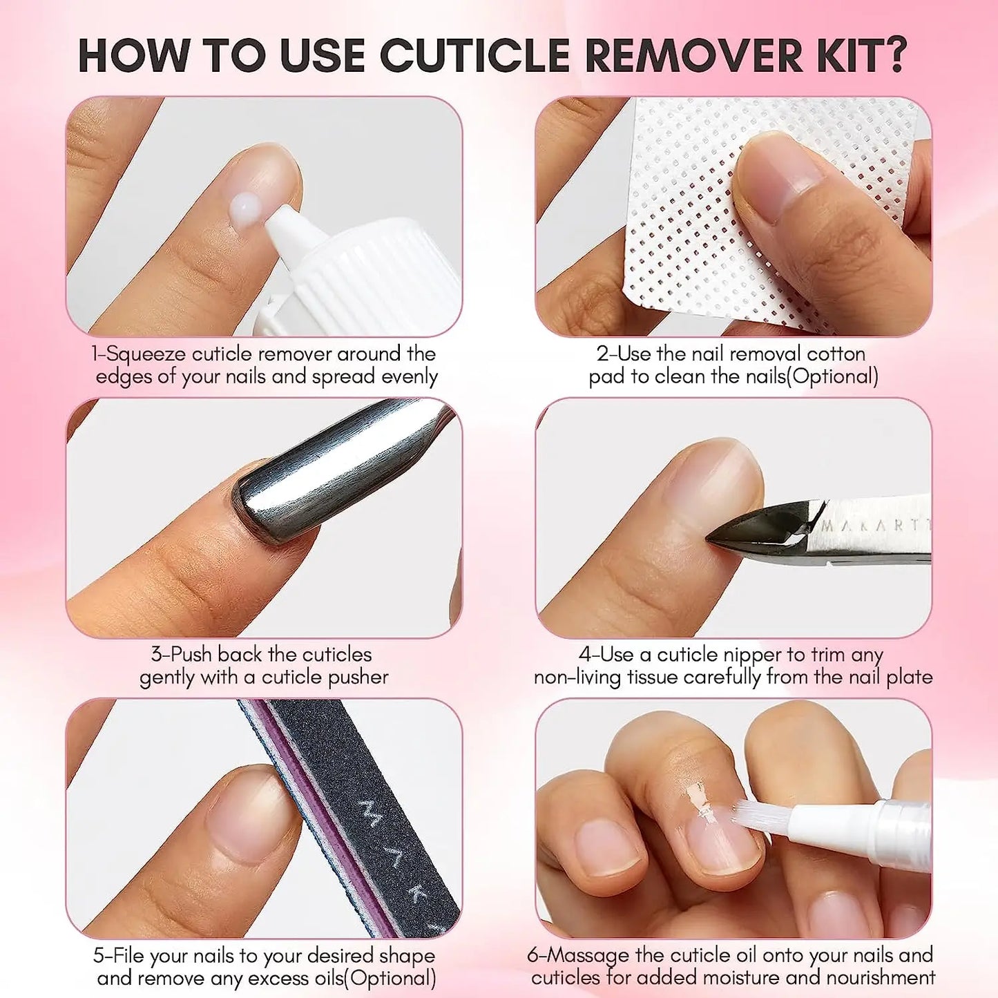 Makartt Cuticle Remover Kit, Nail Care with Cuticle Oil Pen, Trimmer, Nail File & 120ml Cuticle Remover Liquid, Manicure Set