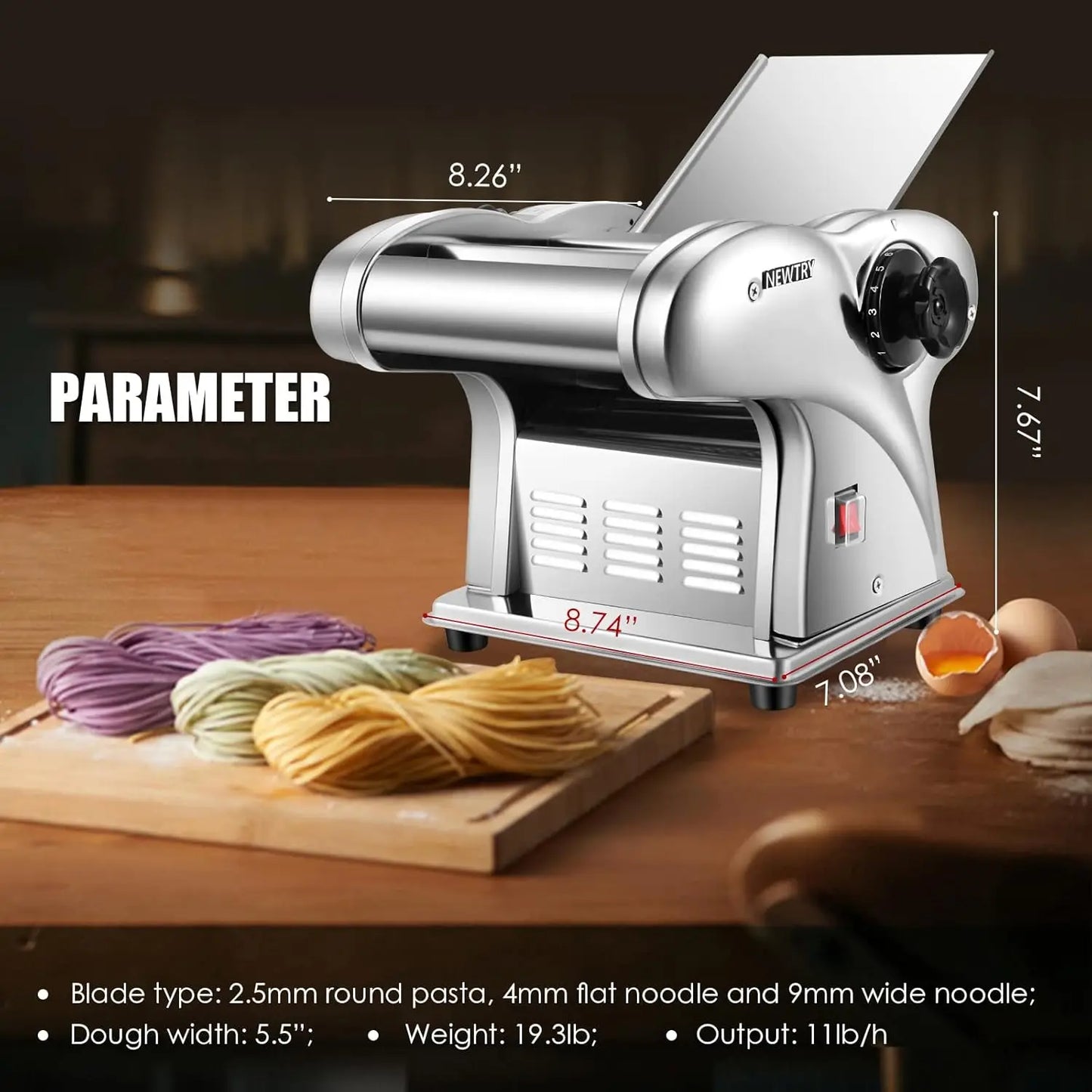 Electric Pasta Noodle Maker, Dough Roller, Cutter Thickness Adjustable Stainless Steel US 110V