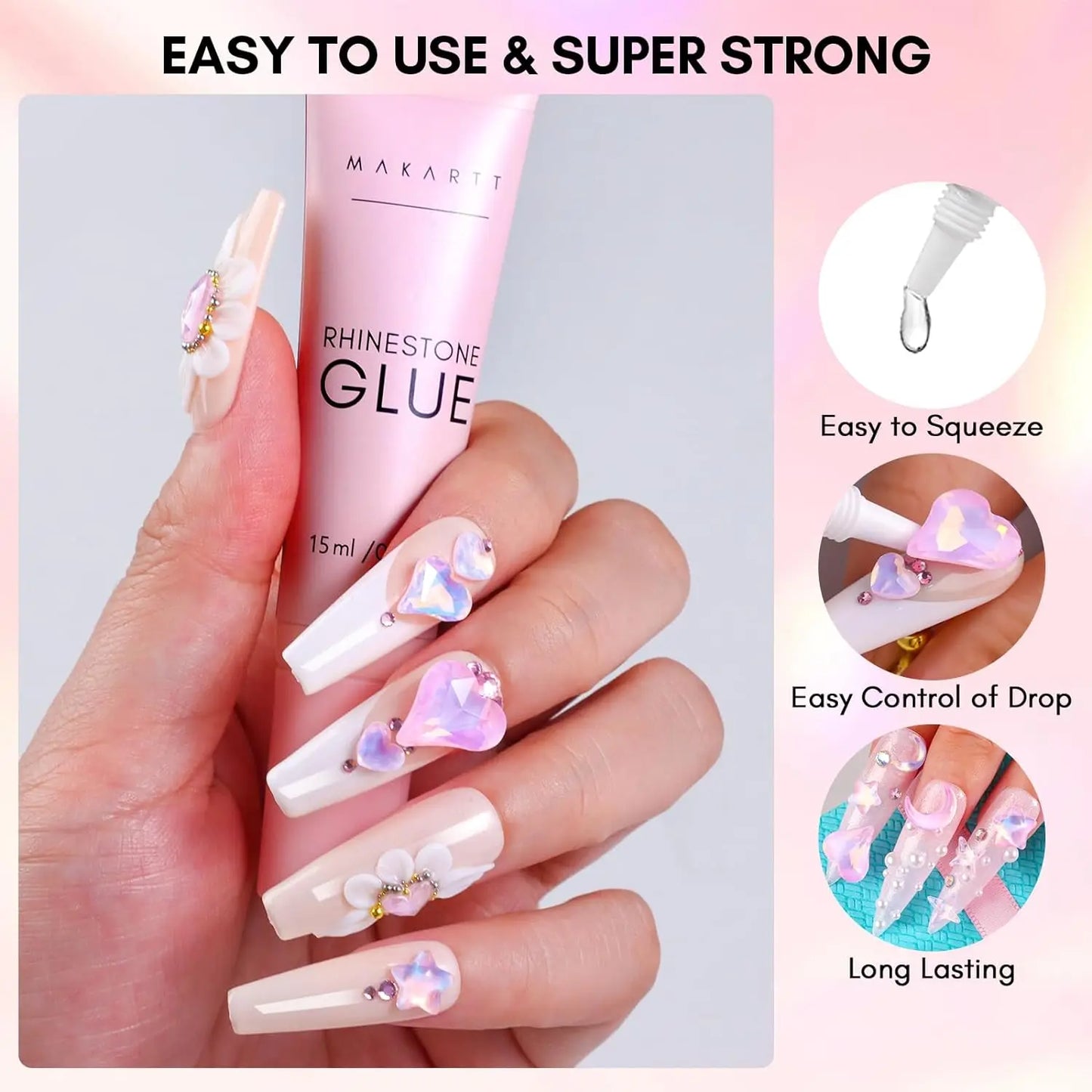 Nail Charms Rhinestone Glue Kit 15ml Gel Nail Glue with 100PCS Pink Rhinestone Gems 3D Nail Art Decor with Tweezer