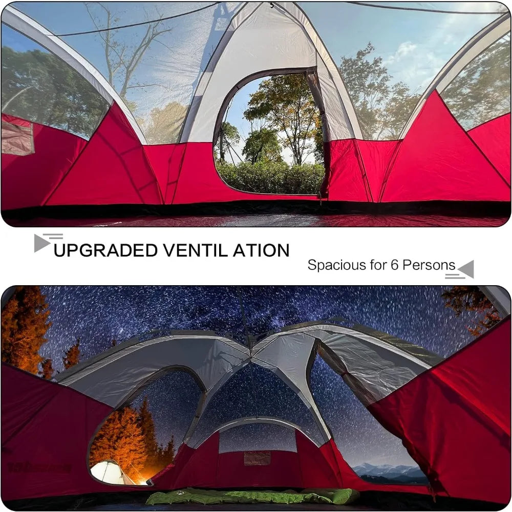 6 Person Family Camping Tent, Waterproof Windproof with Top Rainfly, Easy Set Up