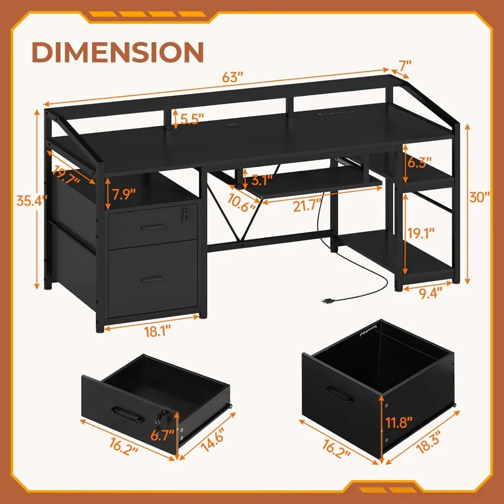 63" Computer Desk, Office Desk with Lockable Drawers for Legal/Letter File, Gaming Desk with LED Lights & Power Outlet