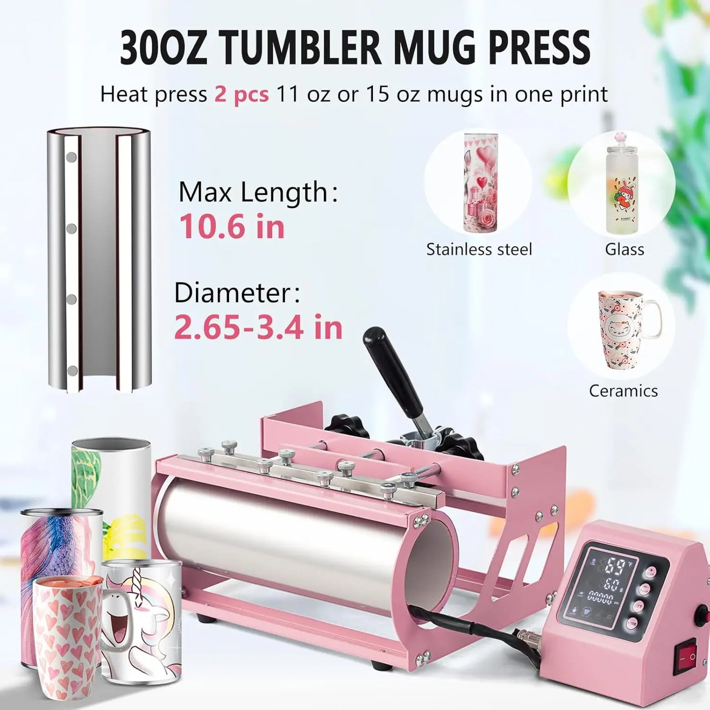 Tumbler Mug Heat Press Machine 11oz-30oz Cup Sublimation Straight Heat Press Transfer Printing for 11-16oz Coffee/Ceramic Mugs